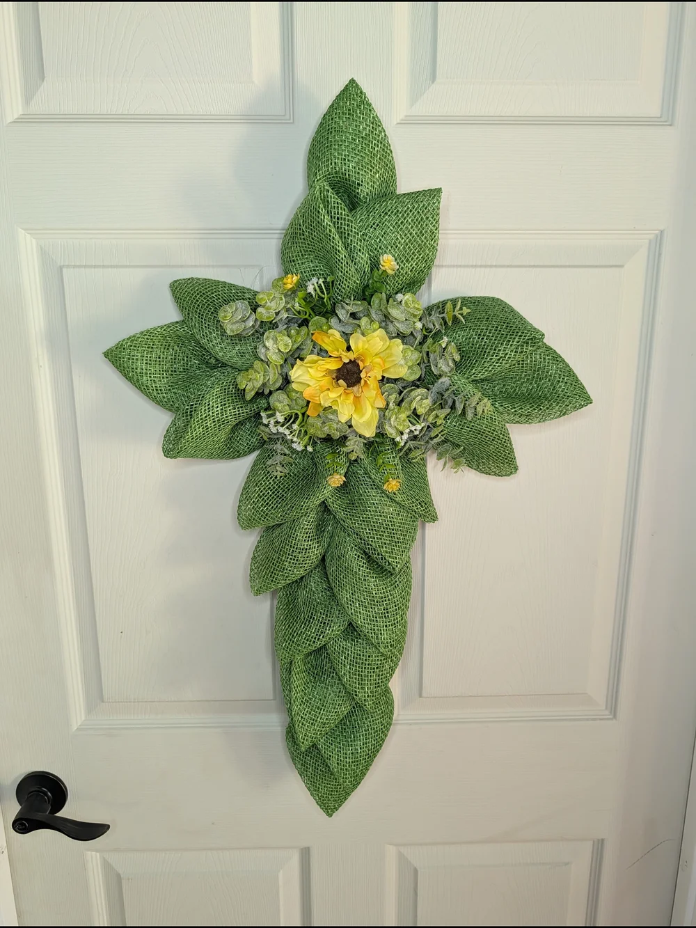 Green Burlap Cross Wreath with Yellow Sunflower Accent